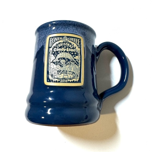 Bones Coffee Co Deneen Pottery 2018 Christmas Candy Land Mug Cup Blue Drip Glaze - Picture 3 of 9